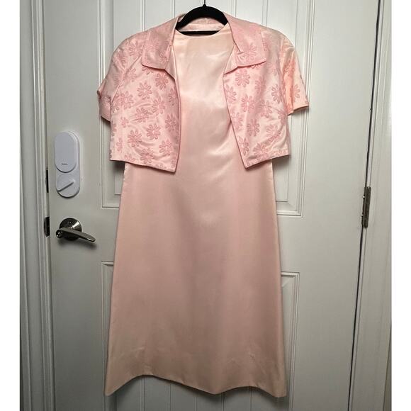 Vintage 50s Pink Satin Dress Bolero Set L Floral Brocade Cocktail Party Formal - Picture 7 of 16